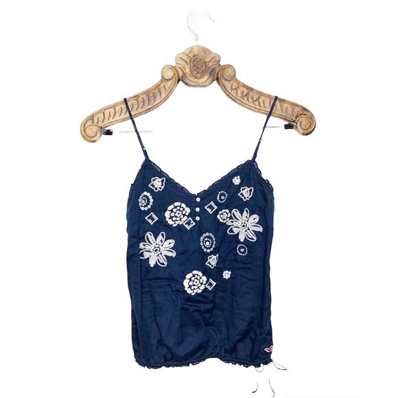 Hollister Top Embellished Sequin Boho Cami Tank Navy Blue Cinch Tie Hem xs - Picture 8 of 8